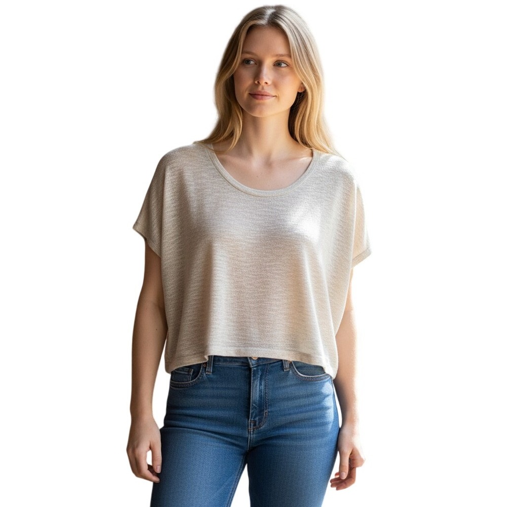 Zenana Oatmeal Heather V-Neck Dolman Sleeve Slub Knit Boxy Crop Top Small